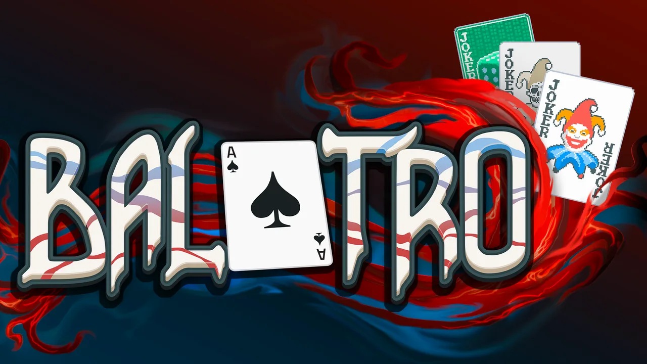 Official Balatro key art with brightly coloured Joker cards.
