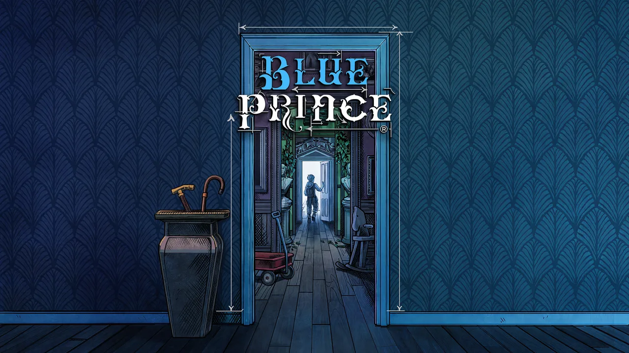 Official Blue Prince key art: a sequence of doorways through the blue-walled manor.