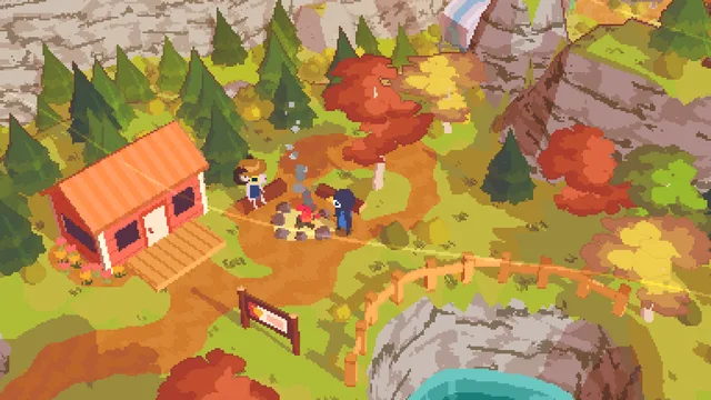 山道が木造の小屋と木々の間を曲がり、鳥のキャラクターが案内板のそばに立っている。