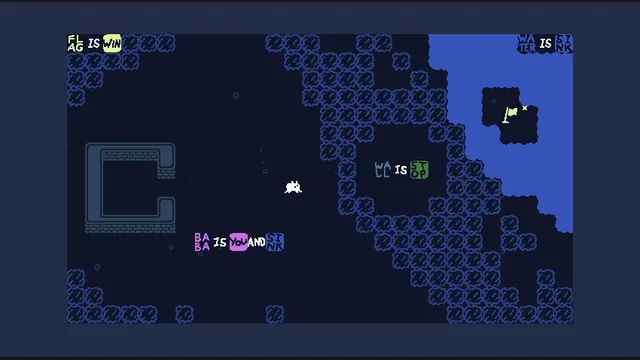 Baba stands beside movable word blocks in a dark-blue puzzle field while a flag waits inside a pool of water.