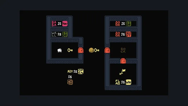 Two compact chambers contain Baba, doors, keys and several word-block rules that can be rearranged.
