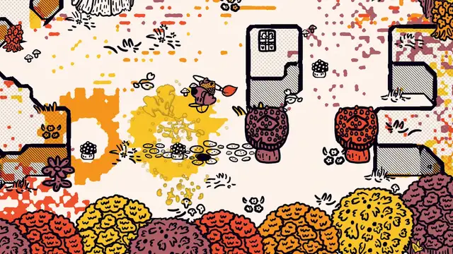 筆を持つ主人公が、黄、橙、プラム色に塗られた木立で弾むキノコの足場の間を跳んでいる。