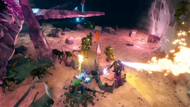 Armed dwarves confront creatures in a cavern lit by enormous pink crystals.