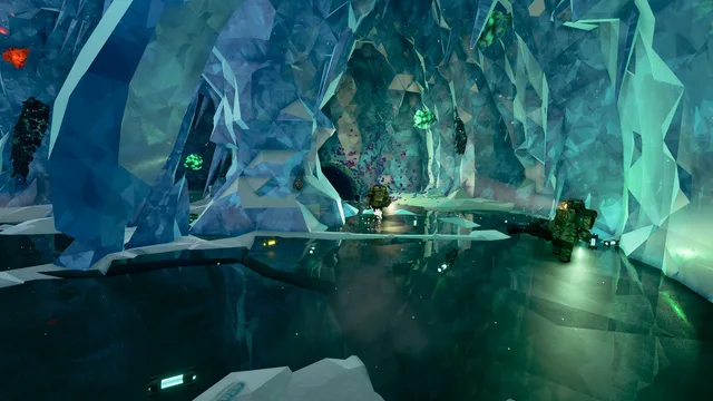 A first-person weapon points down a dark rocky passage lined with turquoise crystals.