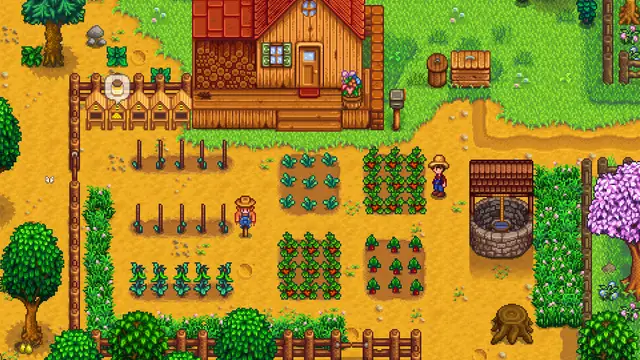 明るい昼間の農場で、木造の家、整列した作物、花、池が緑の土地に広がる。