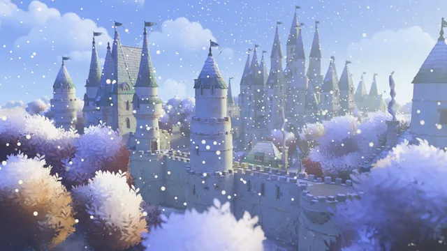 雪をかぶった城の尖塔と石造りの建物が、淡い青色の冬景色の中に立っている。
