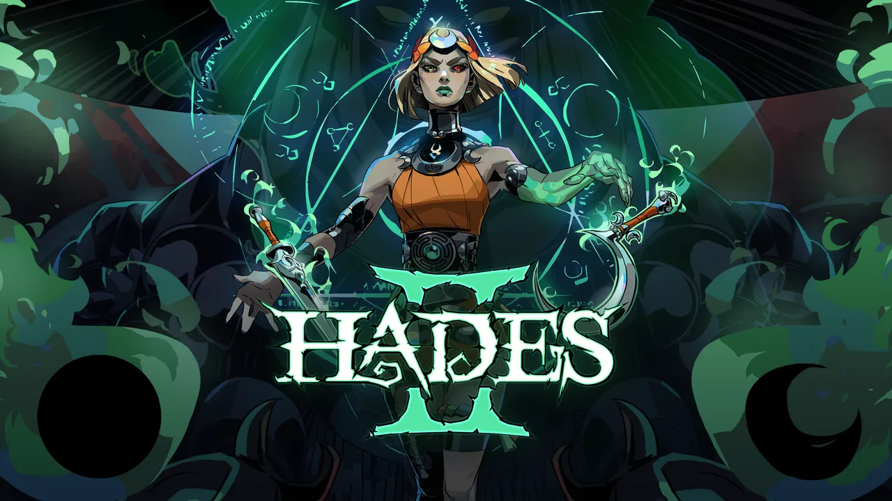 Hades IIの公式キーアート。武器を構えるメリノエと神々。
