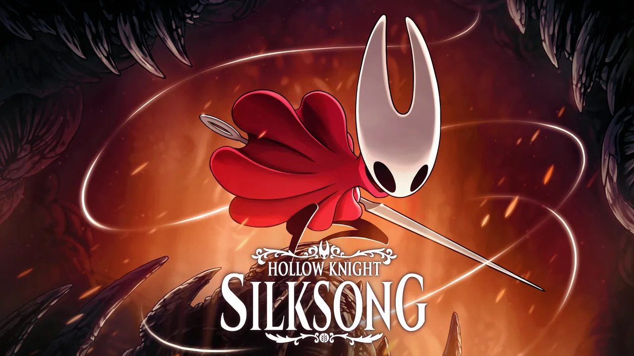 Official Hollow Knight: Silksong key art featuring Hornet with her needle.