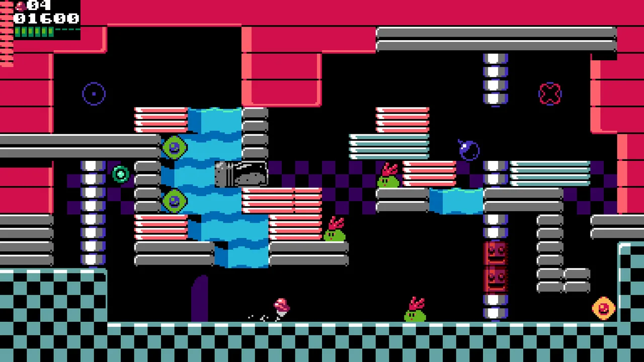 Official UFO 50 screenshot: retro gameplay with red platforms and a checkerboard floor.
